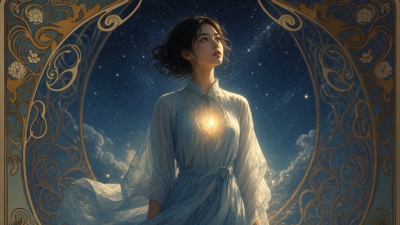 夜空の下、胸に小さな光を宿して立つ女性のイラスト