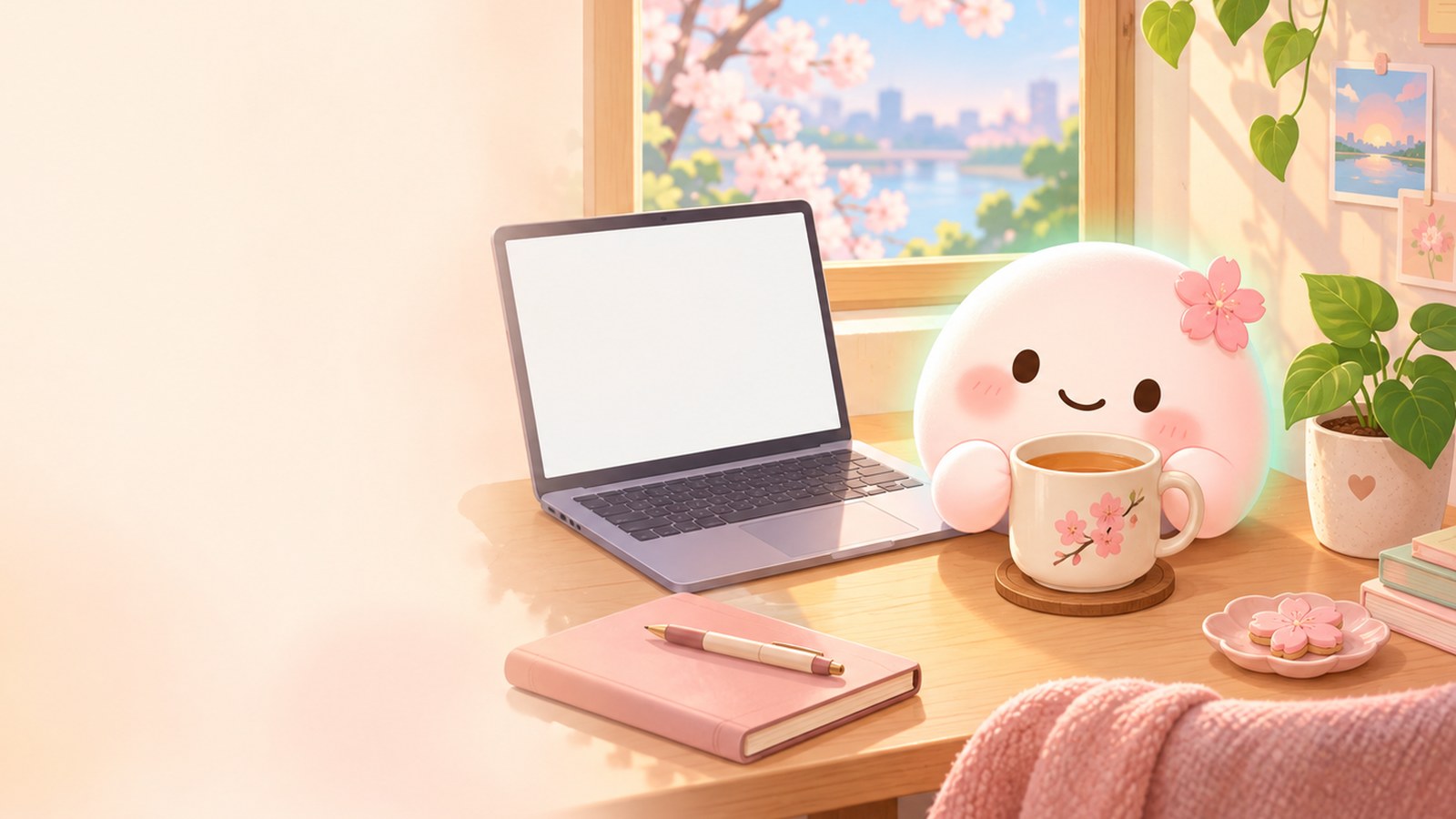 AIバディの花ちゃん。ノートPCの横でお茶を飲んでいる