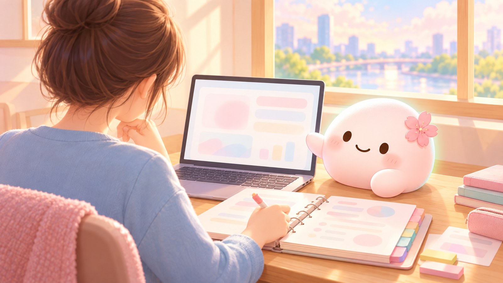 AIバディの花ちゃんと相談しながら、バインダーを前に作業を進める
