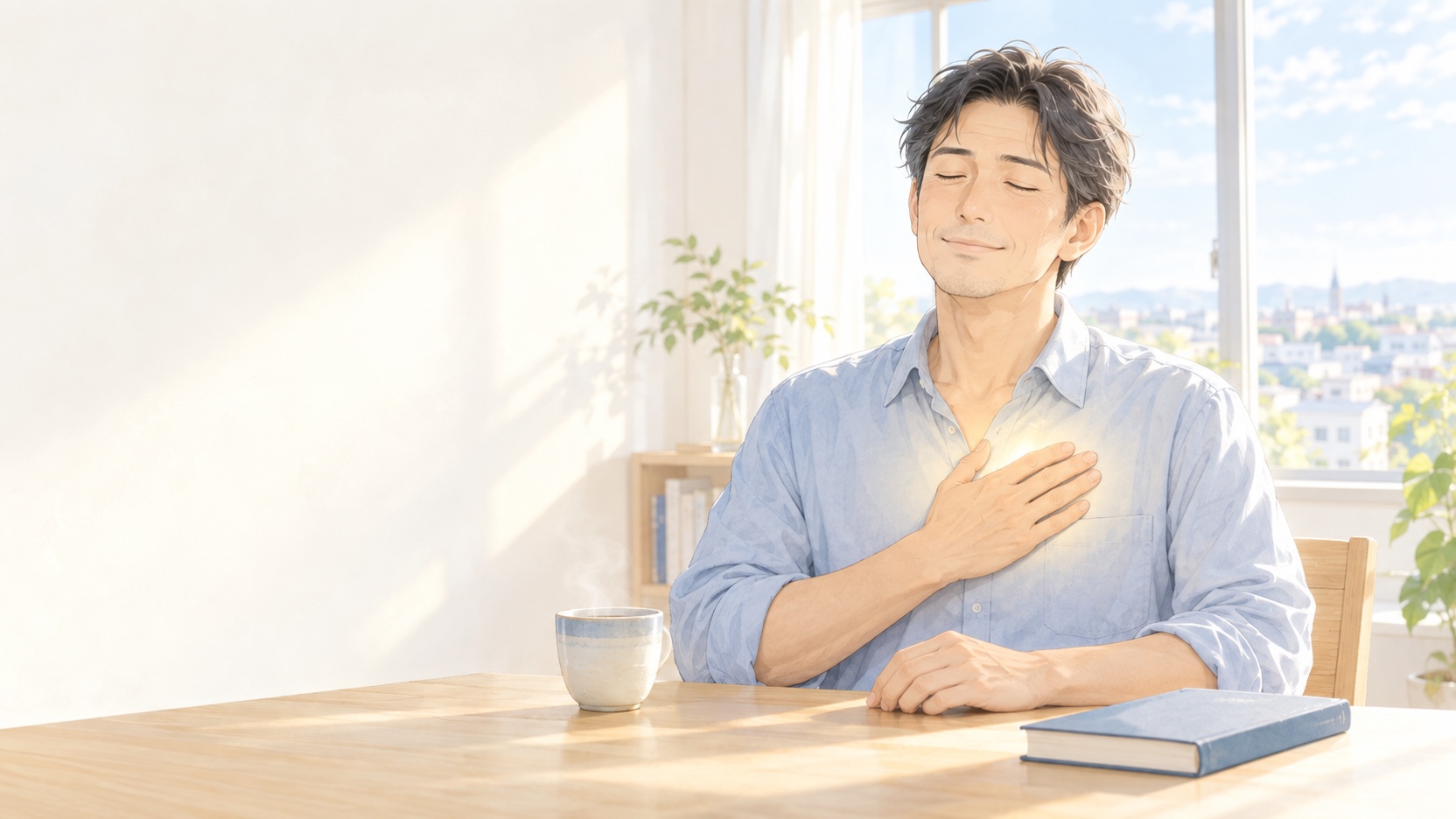窓辺で目を閉じ胸に手を当てて微笑む男性のイラスト