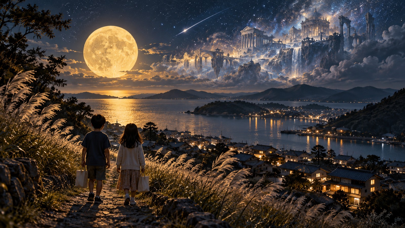 満月の下、袋を持って歩く二人の子どもと、空に浮かぶ古代都市の幻