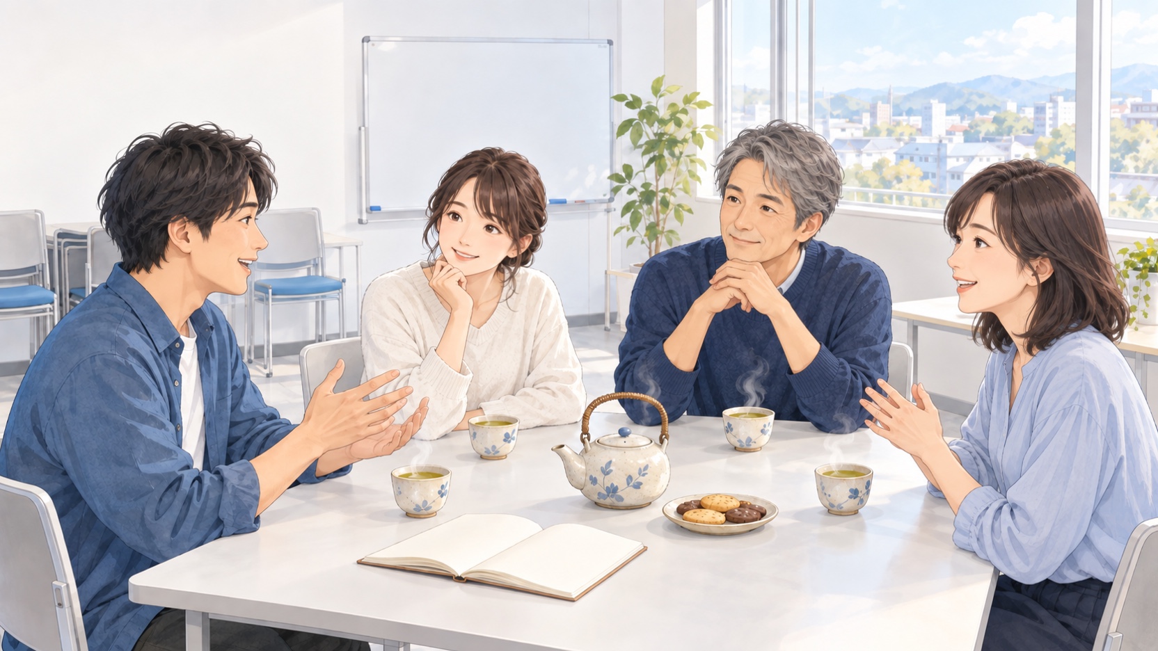 白い会議室でお茶を飲みながら語り合う4人のイラスト