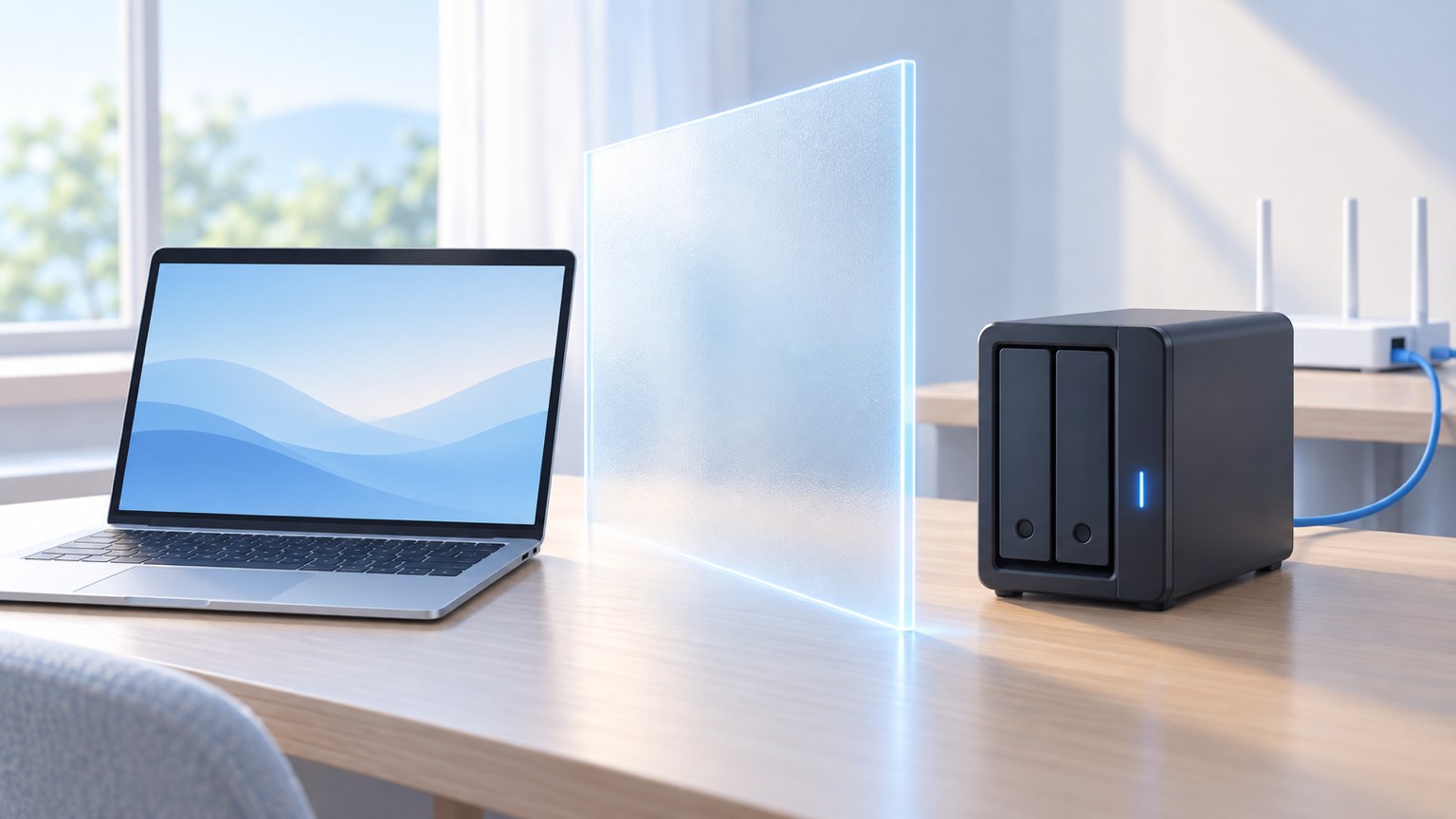 MacとNASの間に見えない壁が立っているイメージ