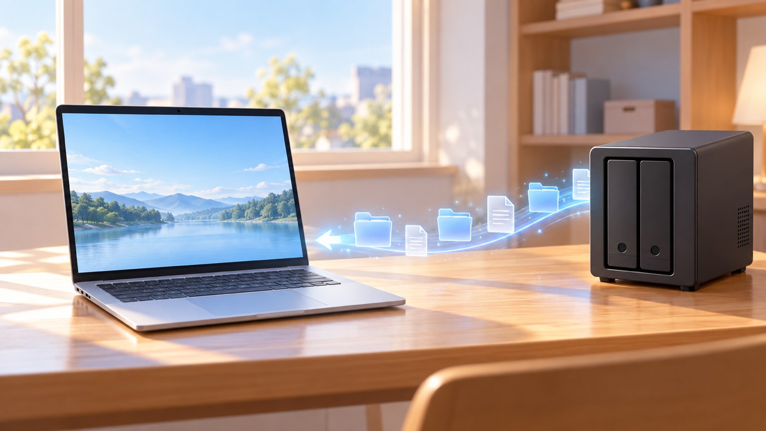 壁が消えて、NASからMacへファイルが流れているイメージ